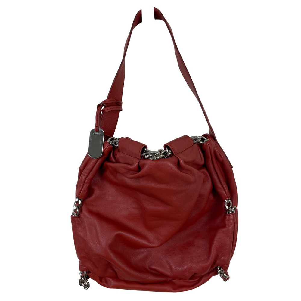 Furla Red Genuine Leather Hobo Bag Silver Chain Accent Slouchy Shoulder Bag‎